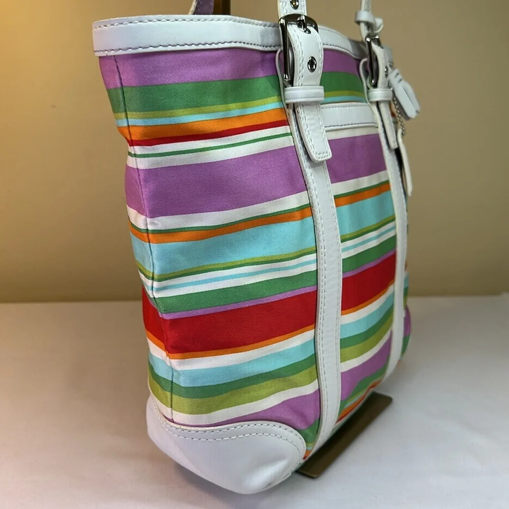 Coach Y2K Hampton Multi color striped fabric and leather tote 2007 - Picture 4 of 15